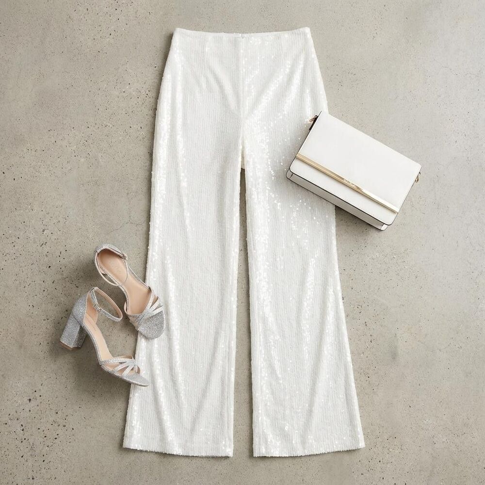 Black Halo Eve Size 8 White Sequin High Waisted Pants Formal Evening Bridal - Picture 2 of 12